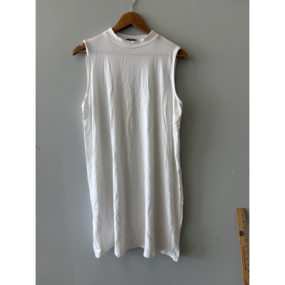 Eileen Fisher Dress Womens L White Tank Jersey Mock Neck Sleeveless Knee Length